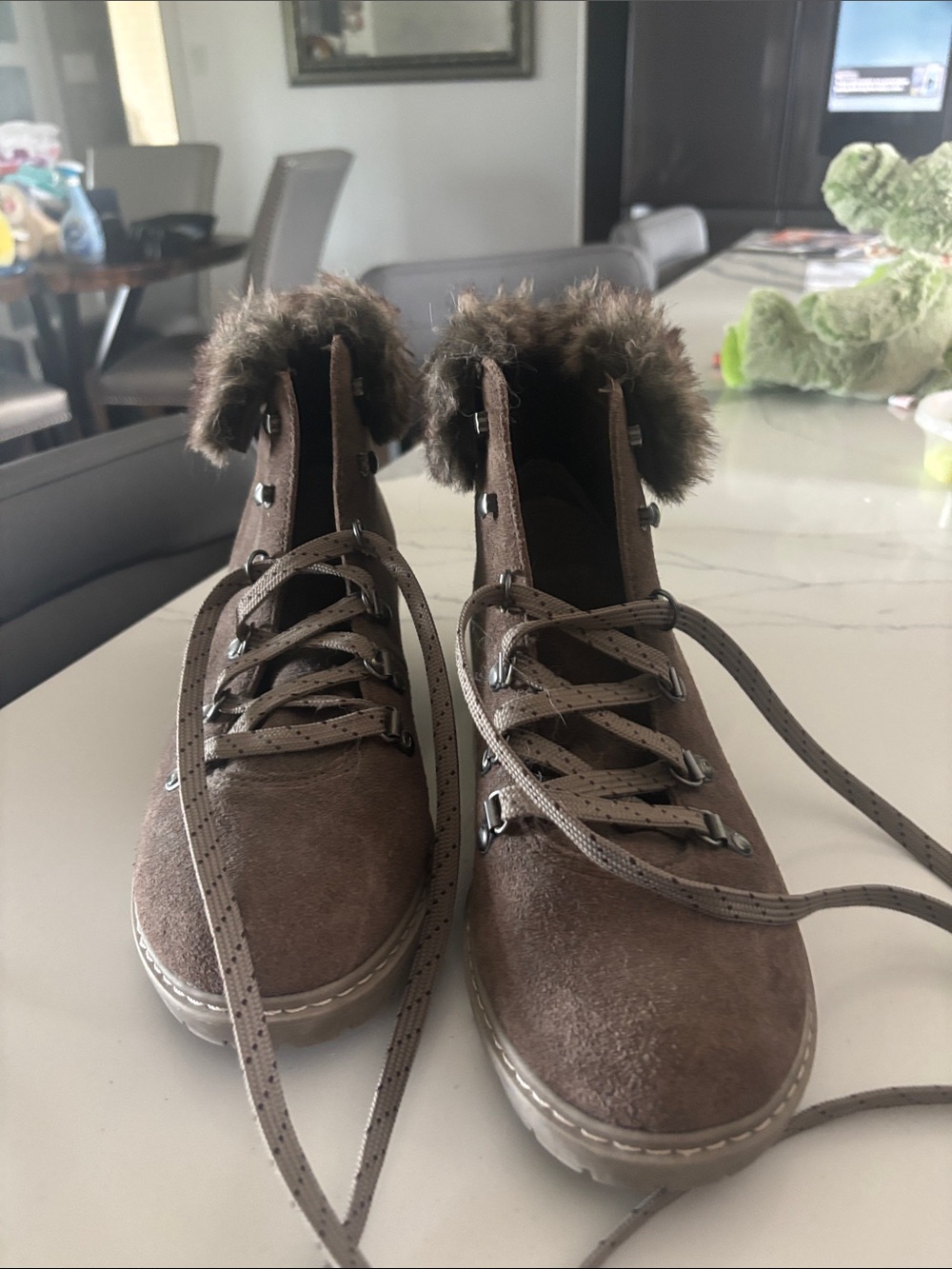 Bass Brown Suede Lace-Up Fur Cuff Ankle Boots